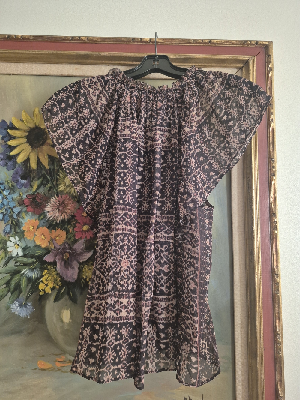 Ulla Johnson Pink and Black Printed Flutter-Sleeve Blouse